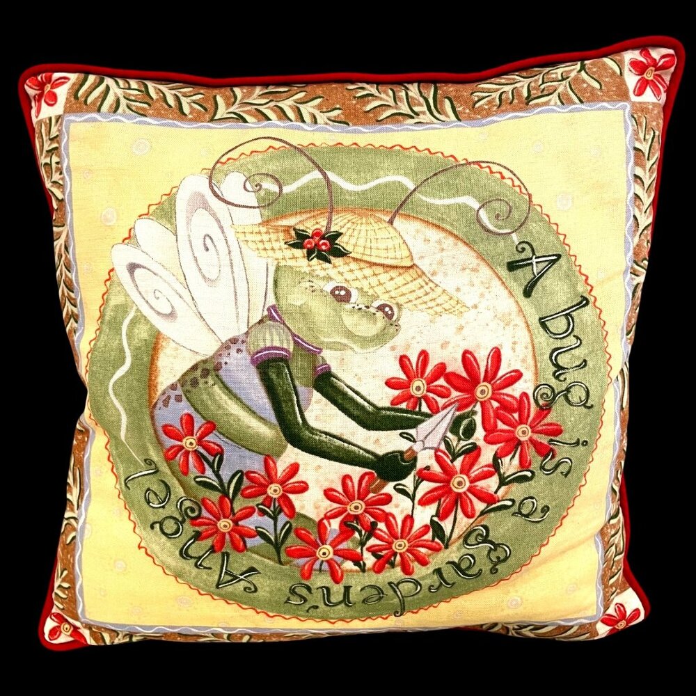 Gardens Angel Bug Decorative Pillow With Red Floral Design & Green Backing